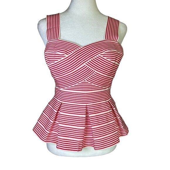 HD in Paris Anthropologie Cabana Peplum Bandage Tank Top Red White Stripe SP - Picture 1 of 9